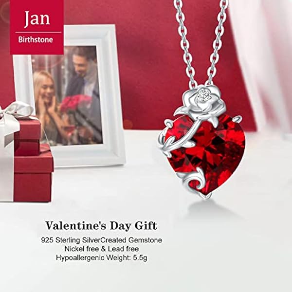 CACESTONE Collar Mujer Corazón Plata de Ley 925,Piedra de Nacimiento Colgante co flor de Rose, Piedra Preciosa Artificial 7.6 Carat 12mm, Regalo para Día de la Madre Esposa y Novia 45cm